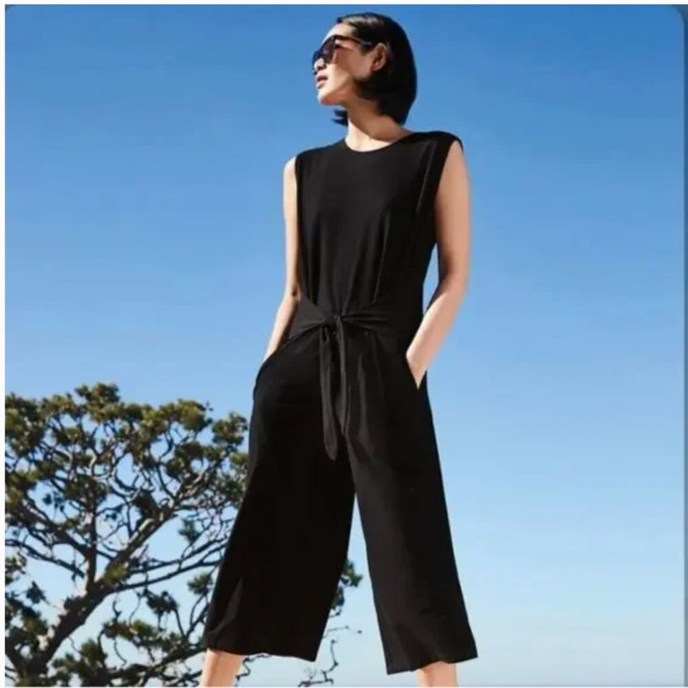 Eileen Fisher Washable Stretch Crepe Jumpsuit Large Front Tie Wide Leg Black
